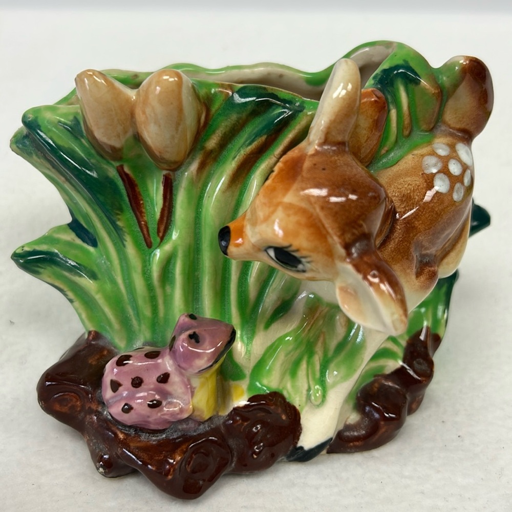 Vintage 1950’s hand painted ceramic anthropomorphic deer and frog planter/ vase